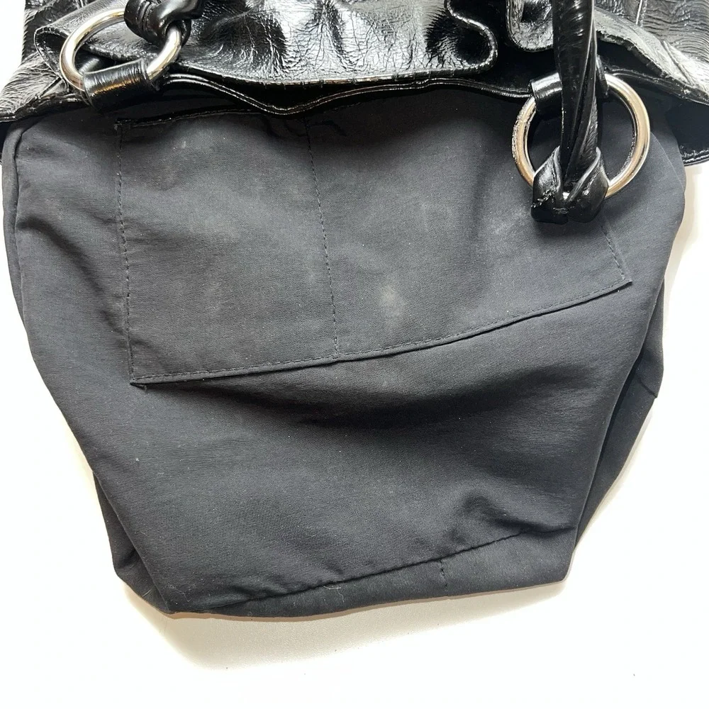 Nine West Black Patent Leather 2 Twist Handle  Purse Handbag With Chain Detail
